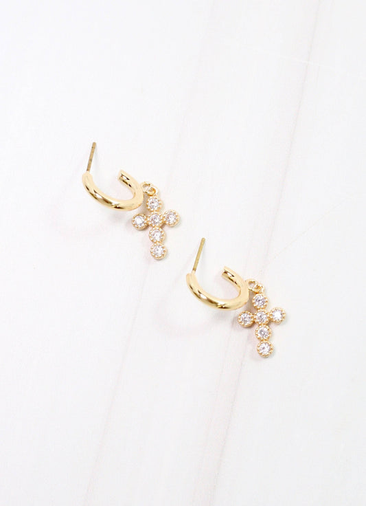 Camellia CZ Cross Hoop Earring Gold